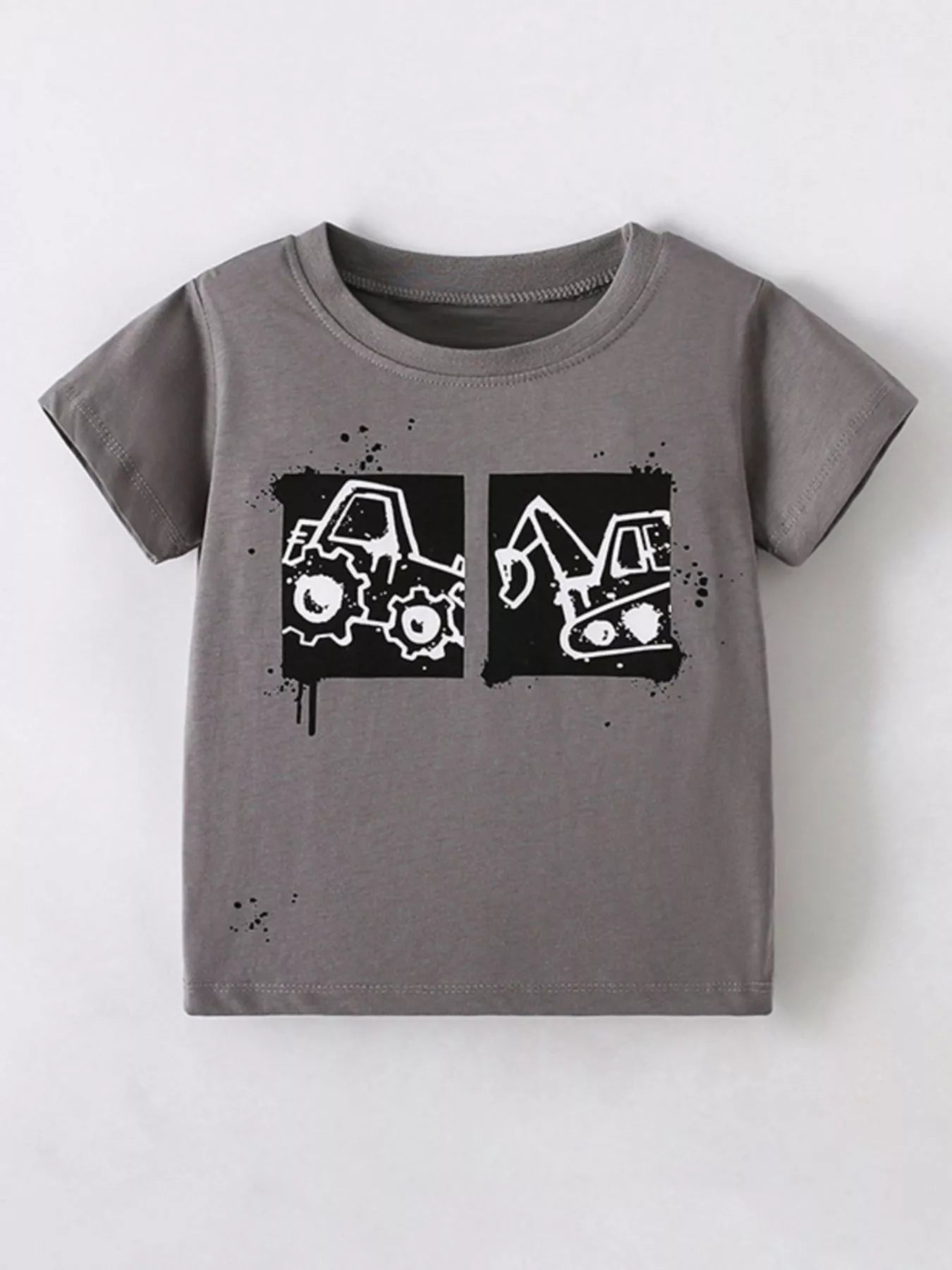Front view of a dark gray children's short sleeve t shirt with black and white cartoon vehicle graphics