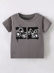 Front view of a dark gray children's short sleeve t shirt with black and white cartoon vehicle graphics
