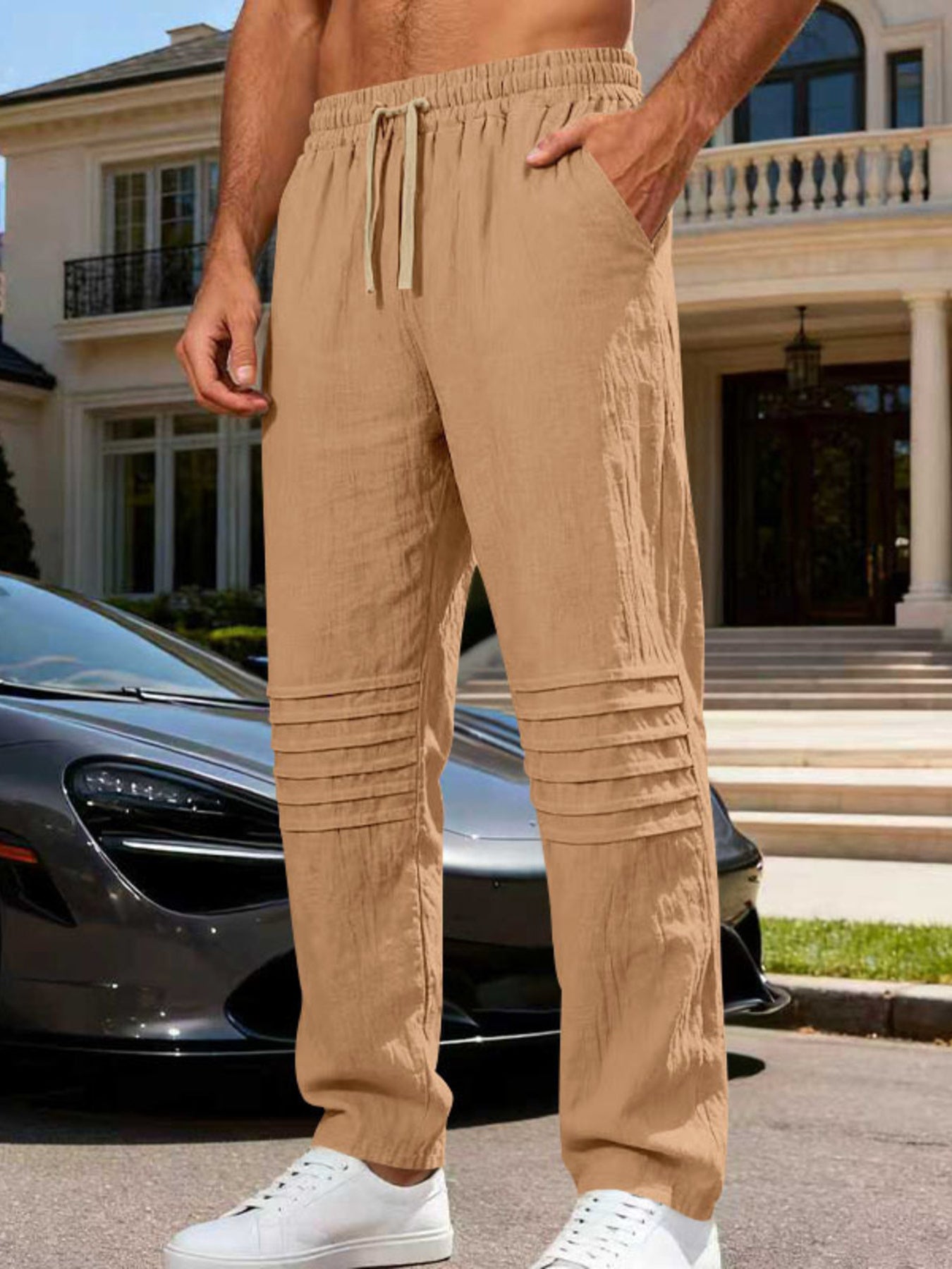 Men's casual drawstring pants with pockets.