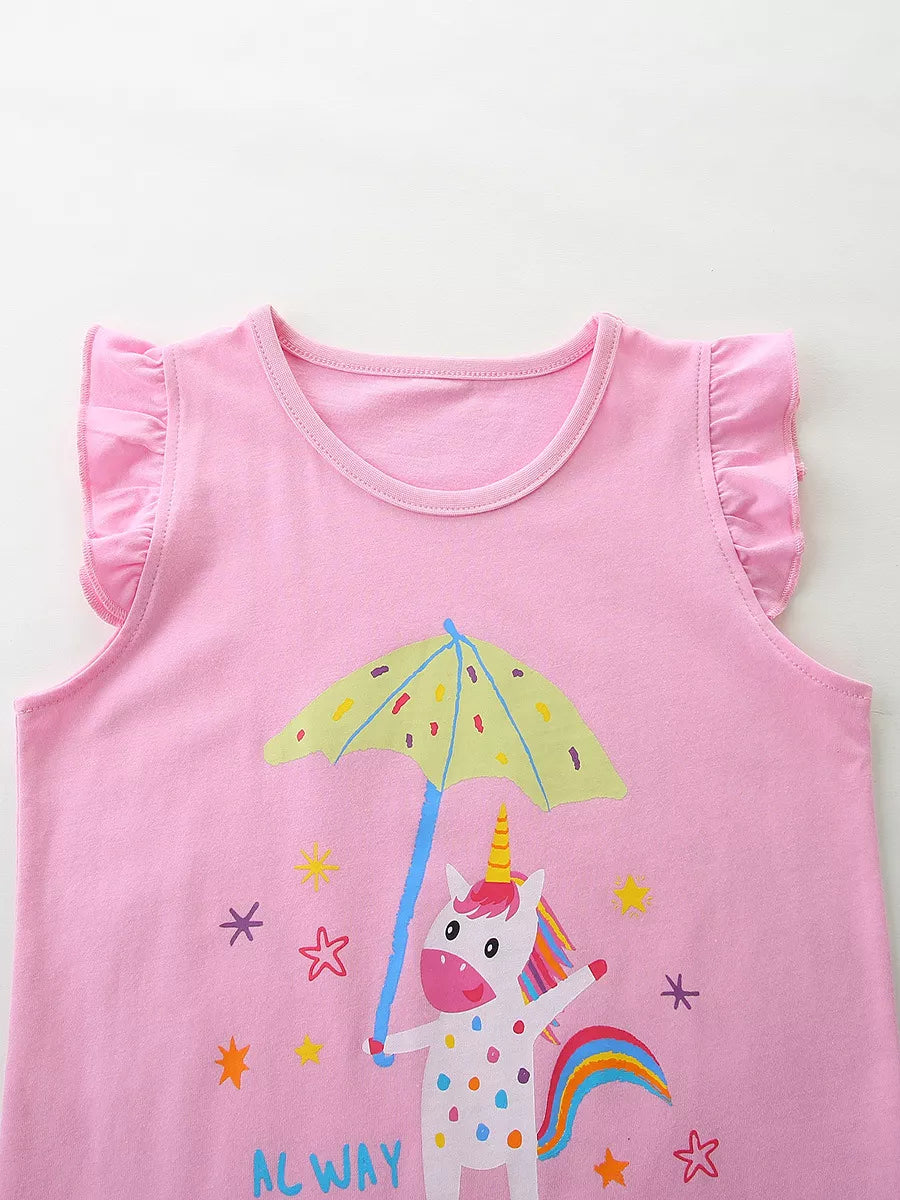 Close front view of a pink children's ruffle top with a unicorn holding a yellow umbrella
