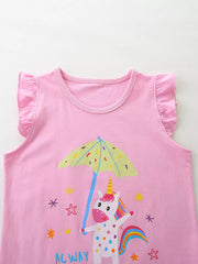 Close front view of a pink children's ruffle top with a unicorn holding a yellow umbrella