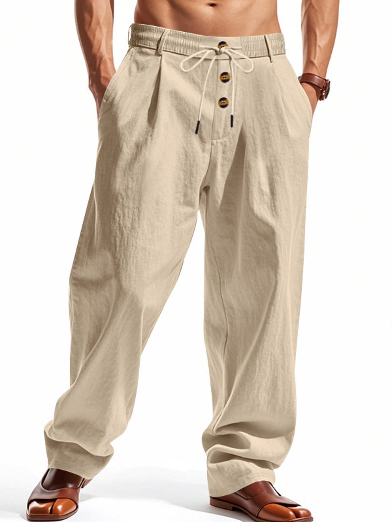 Men's light khaki loose-fit pants with a drawstring waist and pockets.