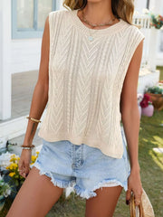 On-model front view of an apricot chevron knit sweater vest with round neck
