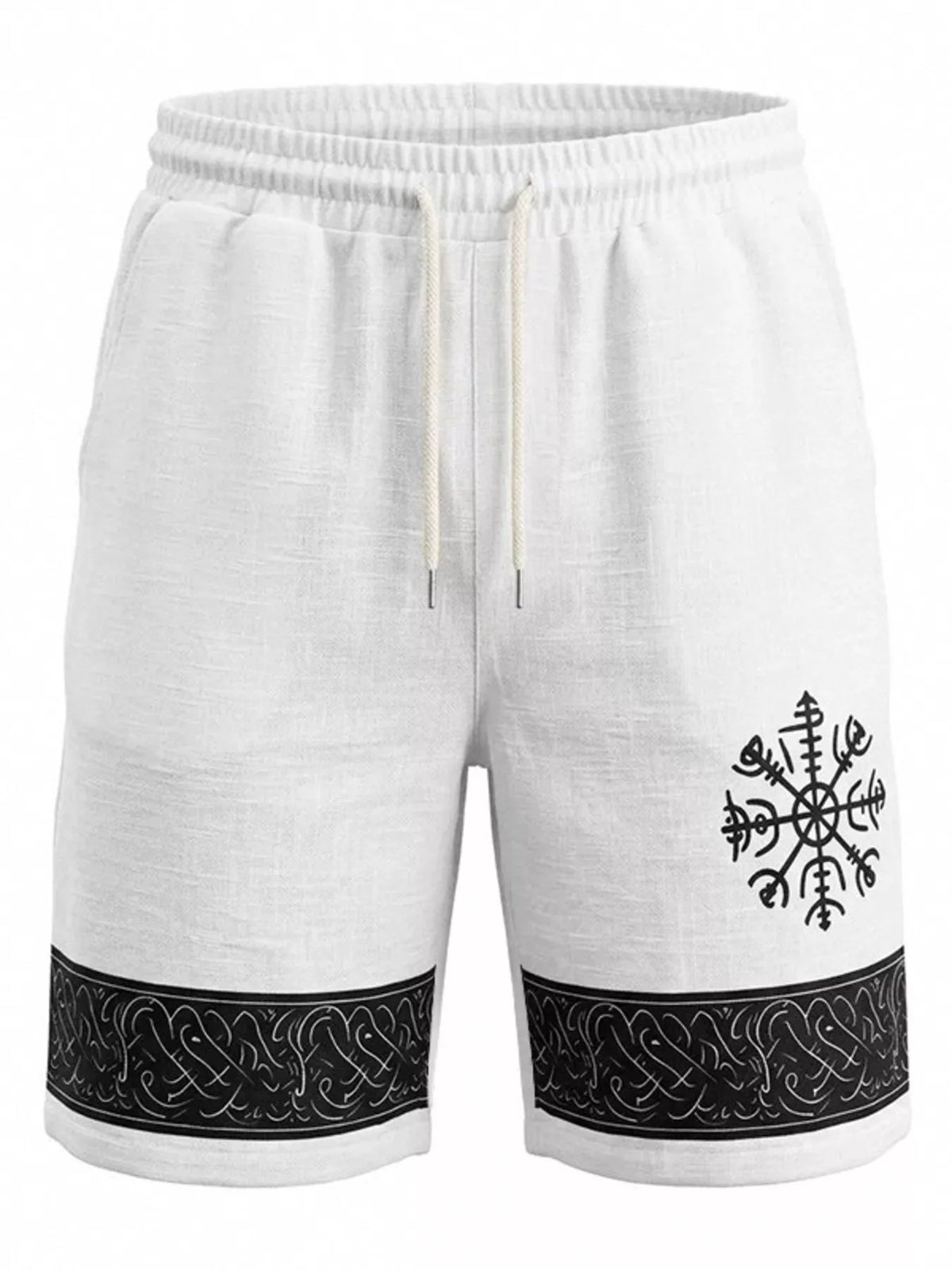 Men's white shorts with an adjustable drawstring waist and pockets.