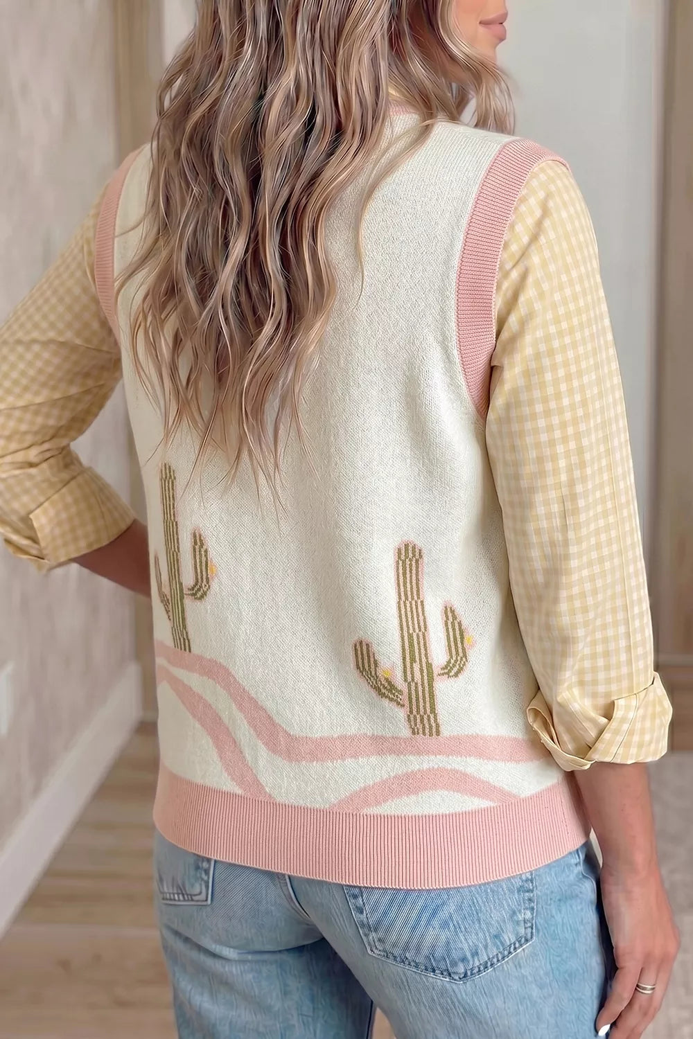 On-model back view of the cream cactus sweater vest with pink trim over a check shirt