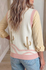 On-model back view of the cream cactus sweater vest with pink trim over a check shirt