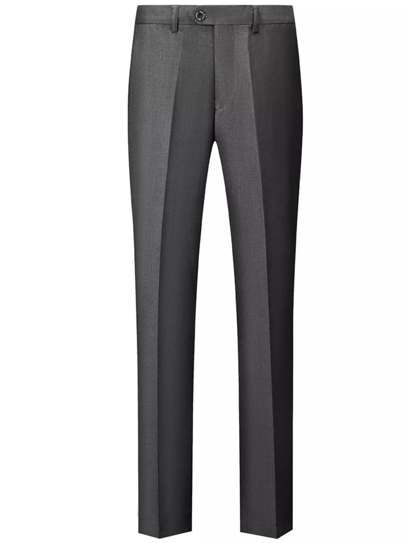 Men's dark gray dress pants with a slim fit and button closure.