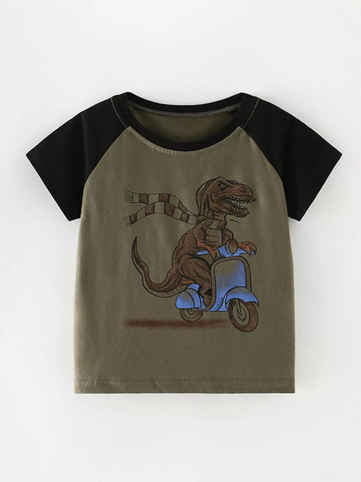 Front view of an army green children's raglan shirt with black sleeves and a dinosaur riding a scooter