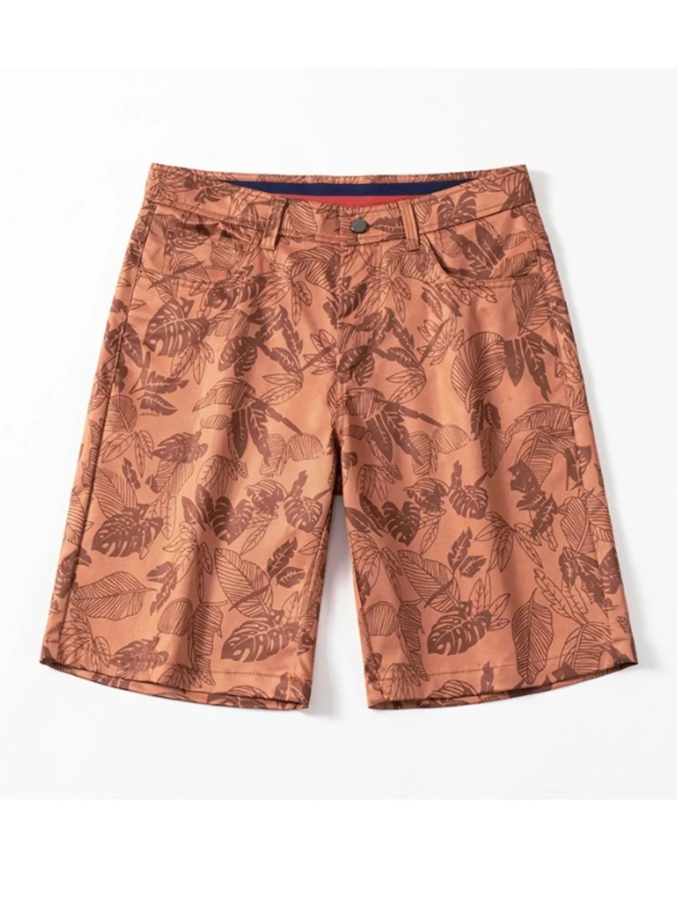 Men's ruby red printed loose fit shorts with pockets.