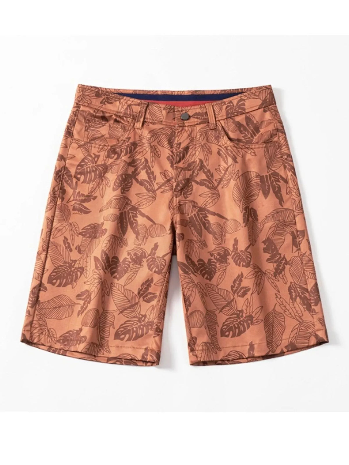 Men's ruby red printed loose fit shorts with pockets.