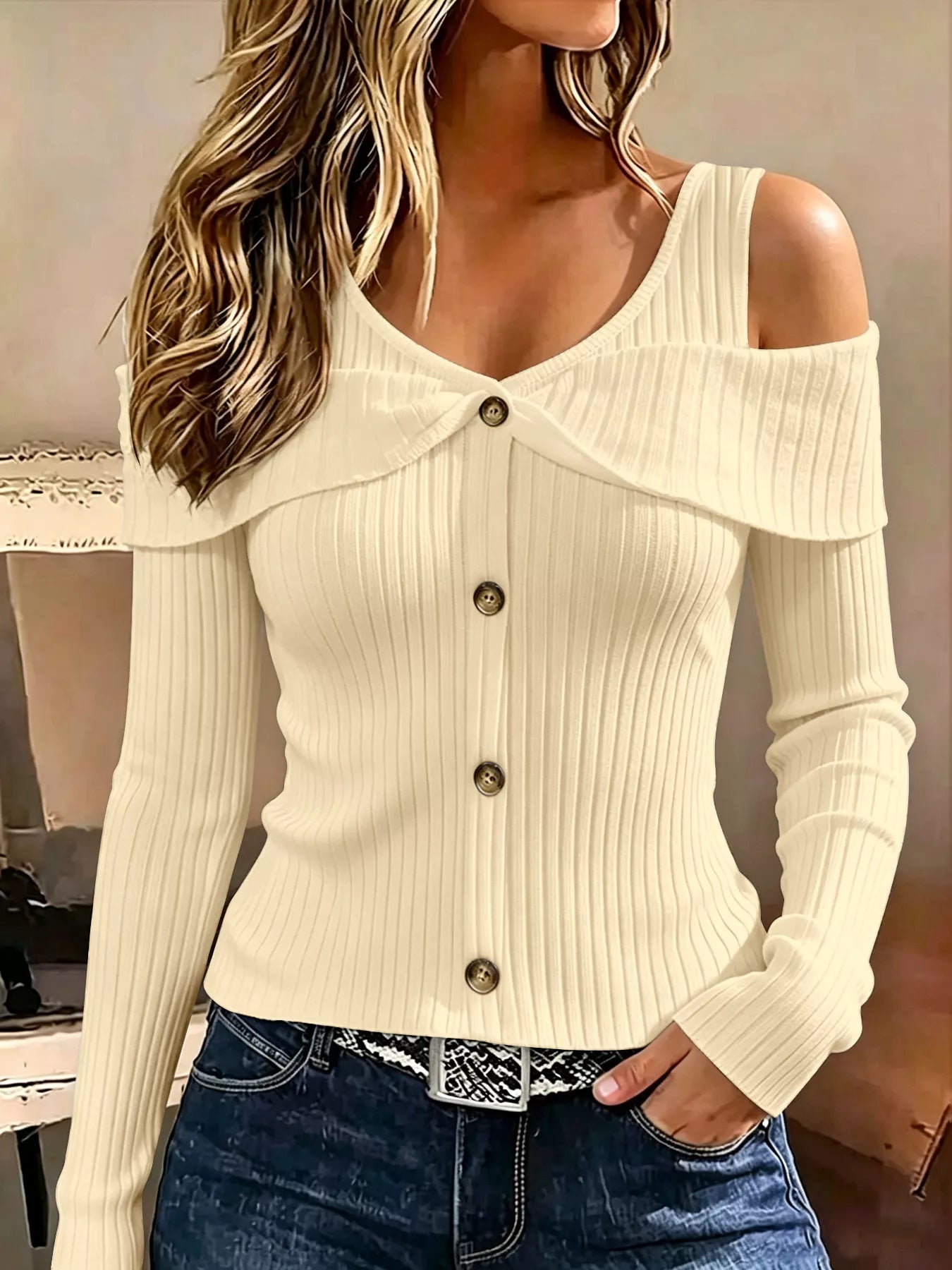 Cream cold shoulder ribbed knit top with foldover collar and front buttons, front view