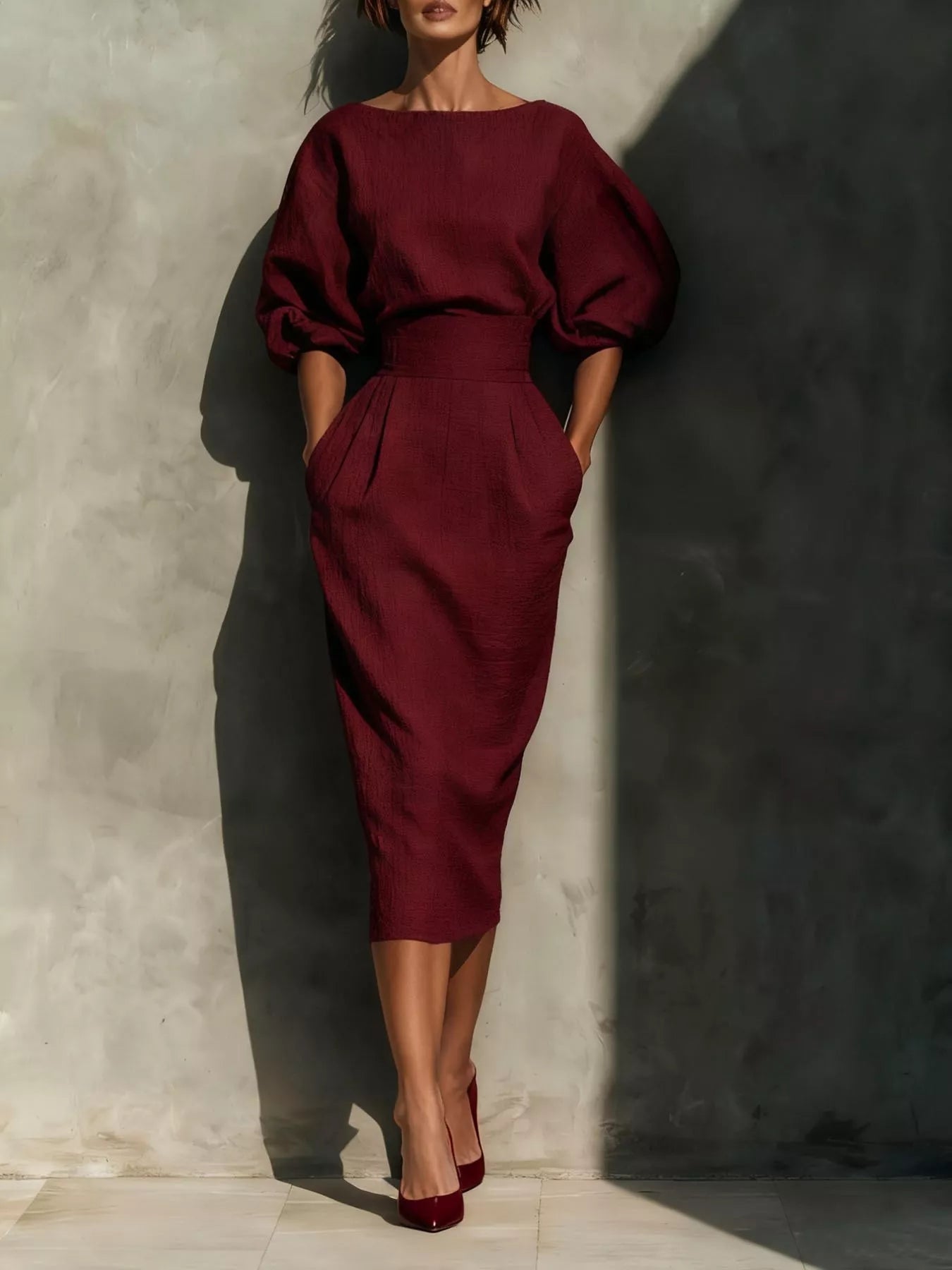 Burgundy round neck puff sleeve midi dress with wide waistband front view