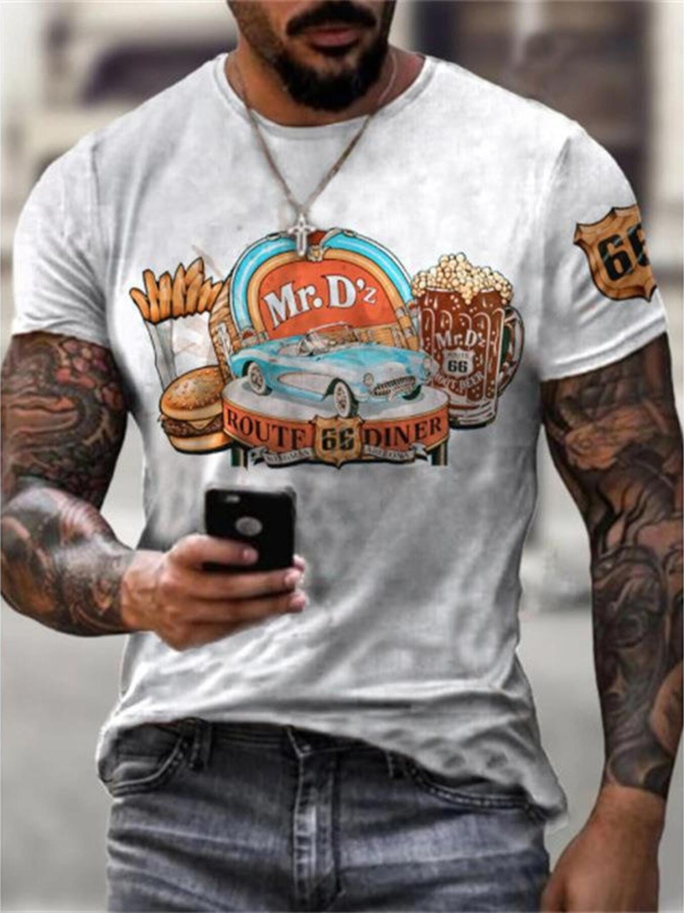 Men's round-neck graphic T-shirt made from a slightly stretchy cotton-spandex blend.