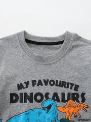 Close up of gray children's t-shirt round neckline with black inner trim and dinosaur lettering