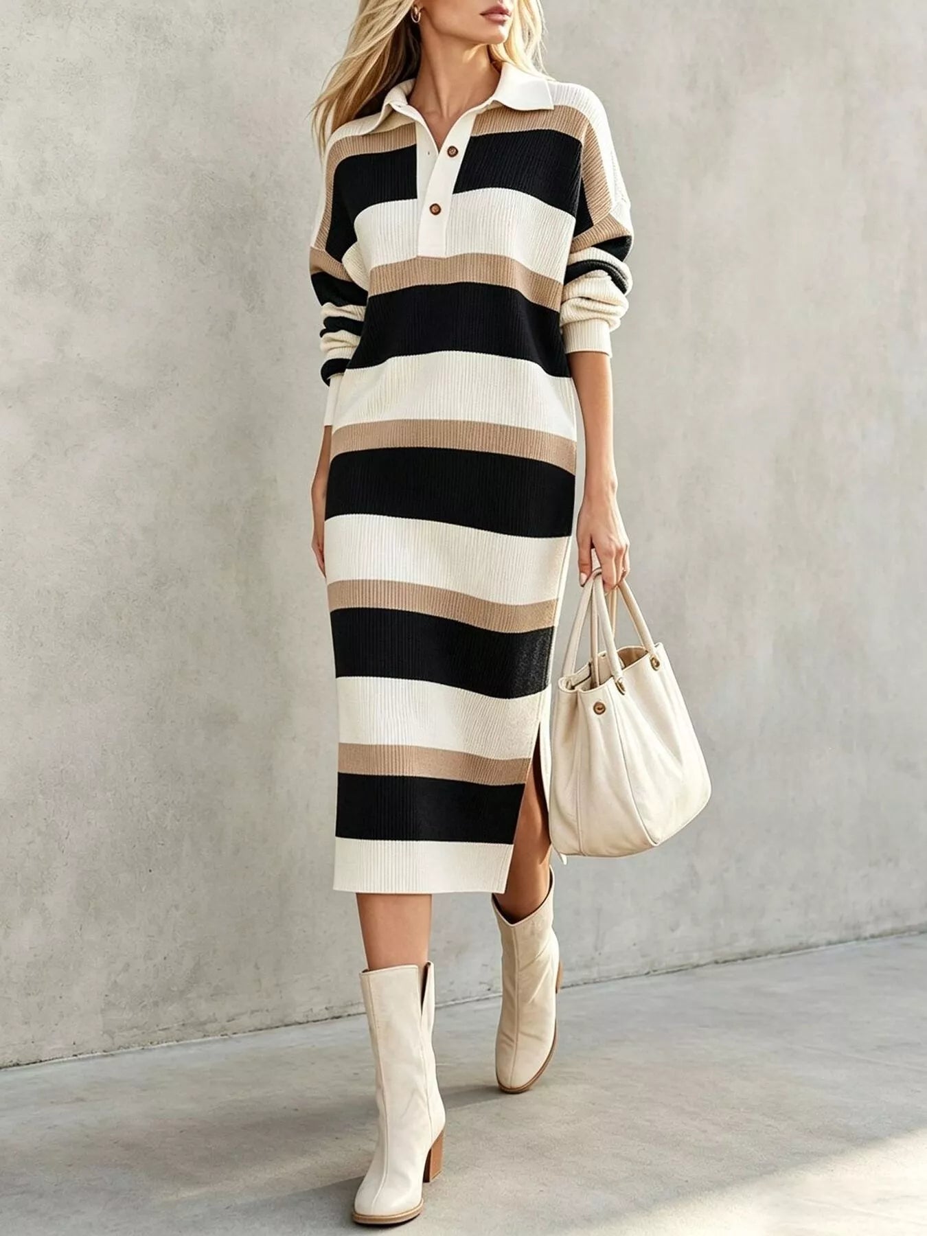 Front view of black striped polo collar long sleeve sweater dress with side slit