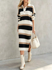 Front view of black striped polo collar long sleeve sweater dress with side slit