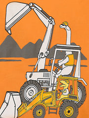 Close-up of the dinosaur driving an excavator graphic on an orange children's short sleeve T-shirt