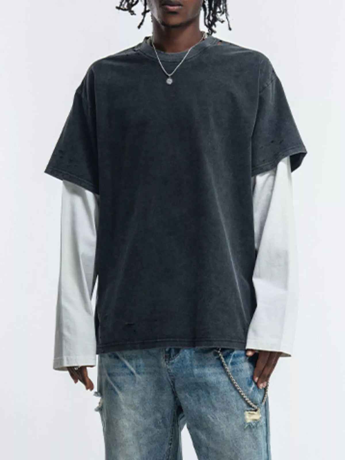 Men's long-sleeve cotton T-shirt with a layered two-piece look.