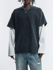 Men's long-sleeve cotton T-shirt with a layered two-piece look.