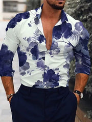 Men's floral-print button-down shirt made from a cotton-spandex blend.