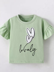 Flat front view of the sage green children's T-shirt with white hearts, lovely script and ruffle sleeves