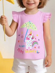 Children's pink T-shirt with a unicorn graphic and ruffle sleeves.
