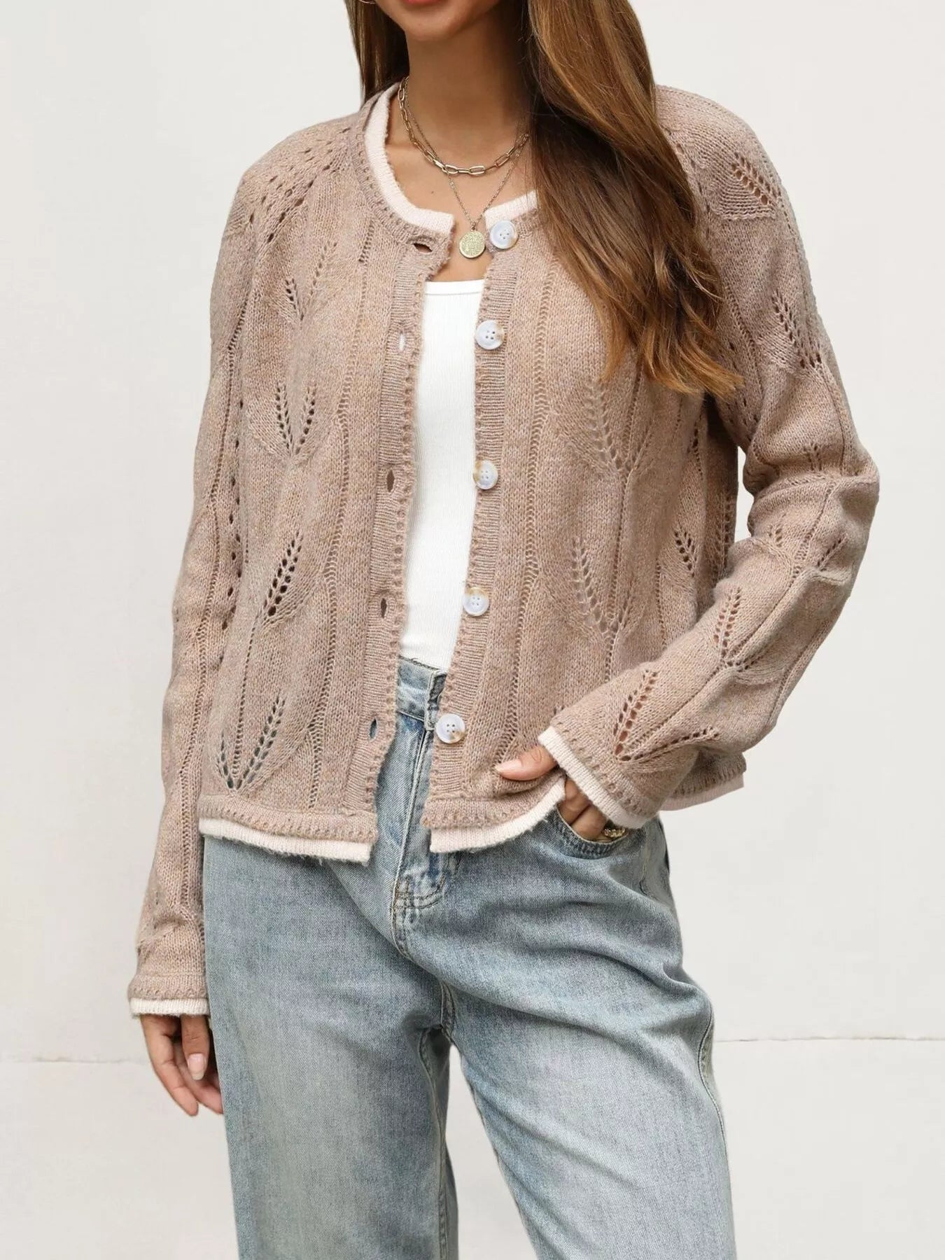 Khaki hollow out knit cardigan with leaf pattern worn open