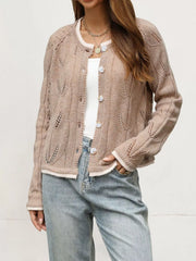 Khaki hollow out knit cardigan with leaf pattern worn open