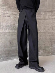 Men's black dress pants with a wide-leg cut.