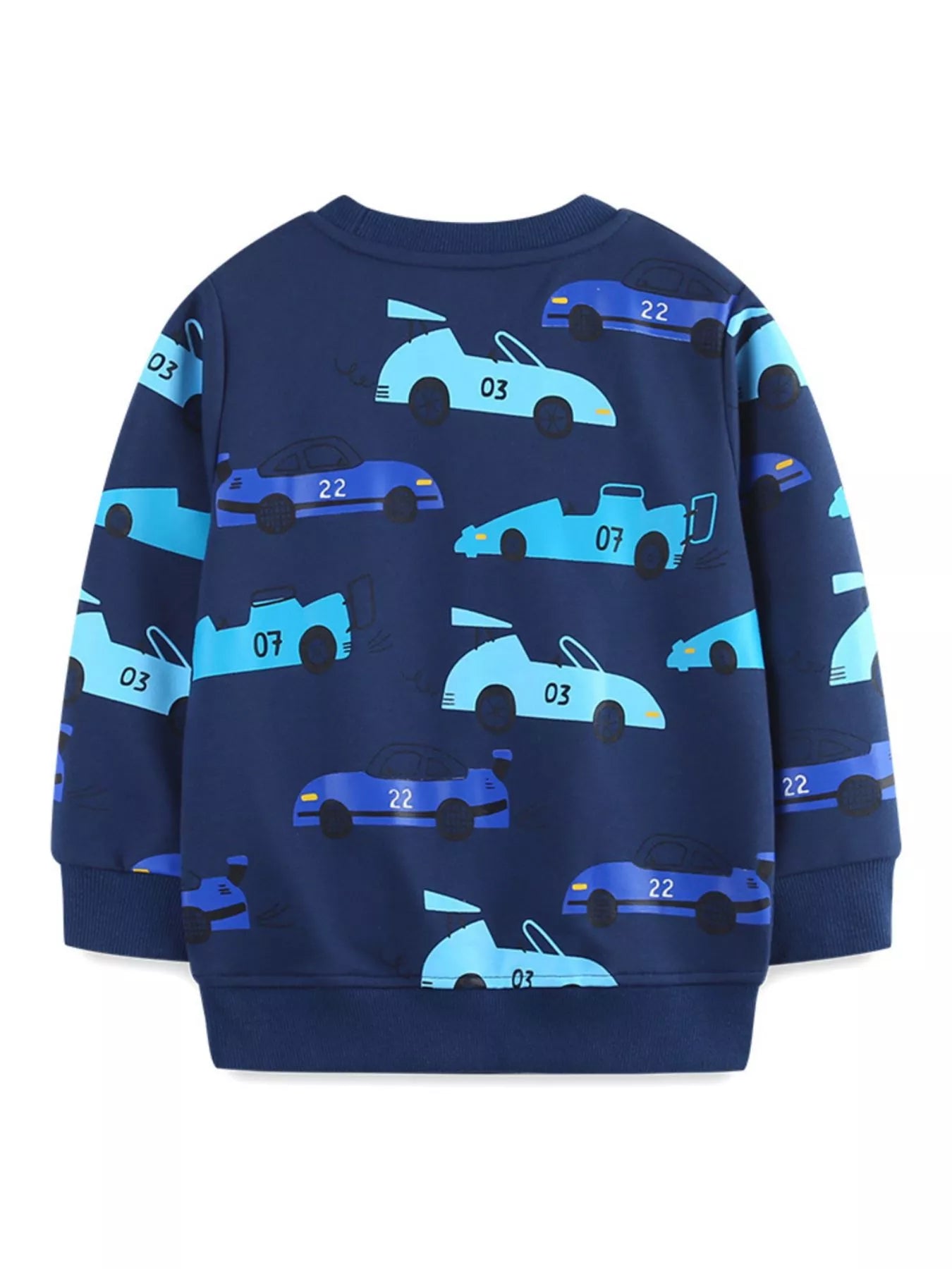 Back view of the navy children's long sleeve sweatshirt with racing car print