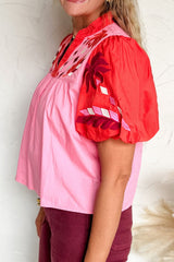 Blusa babydoll de manga corta con muescas bordadas