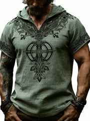 Men's printed short-sleeve hooded top made from a slightly stretchy cotton-spandex blend.