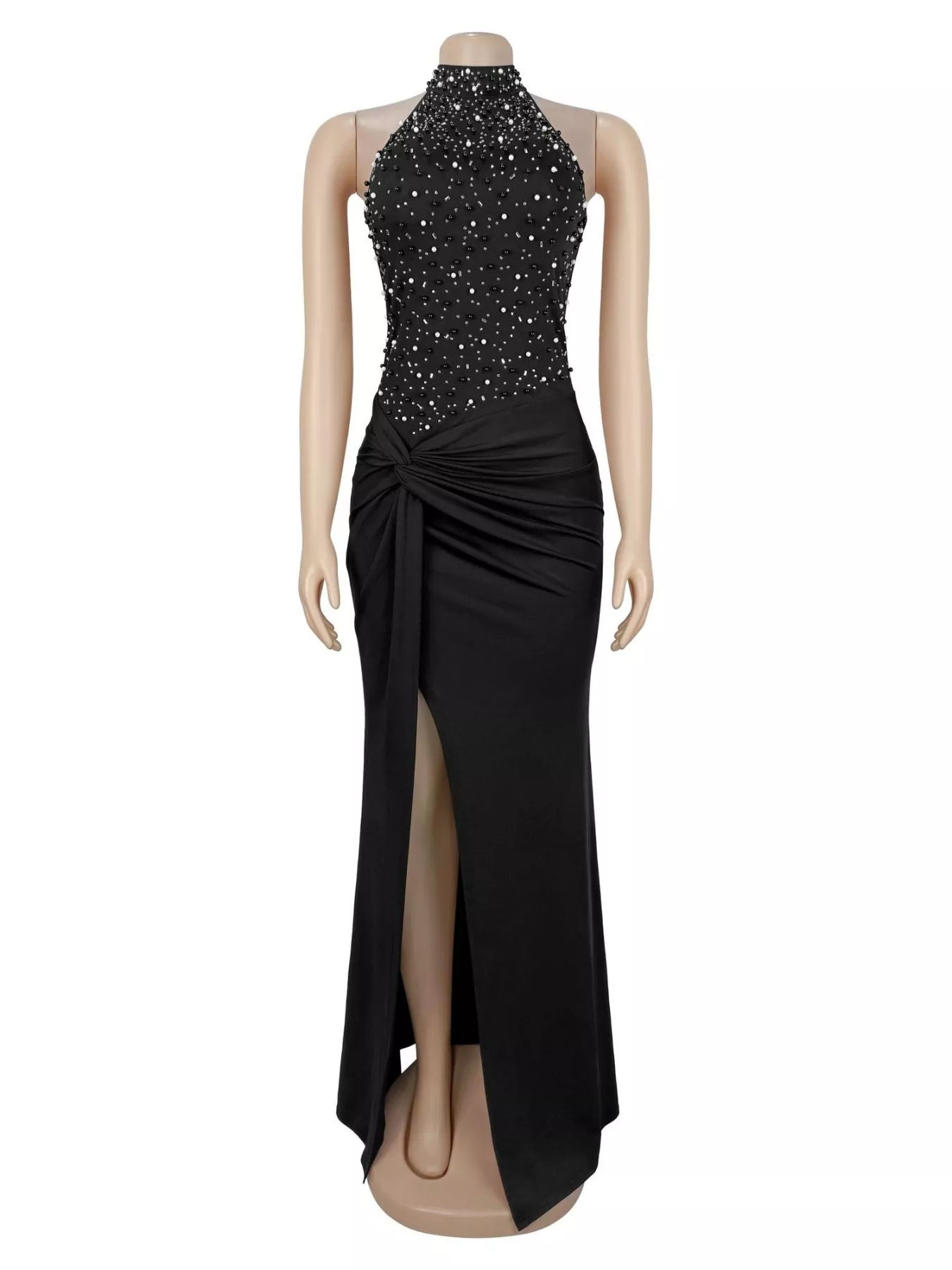 Black sleeveless maxi dress on a mannequin front view with rhinestone halter bodice and front slit