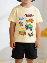 Front view of a cream children's tee with cartoon rocket, shark, dog and monster truck cars