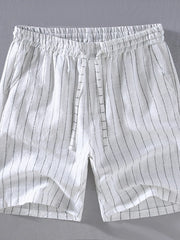 Men's white striped shorts with a drawstring waist, available in plus sizes.
