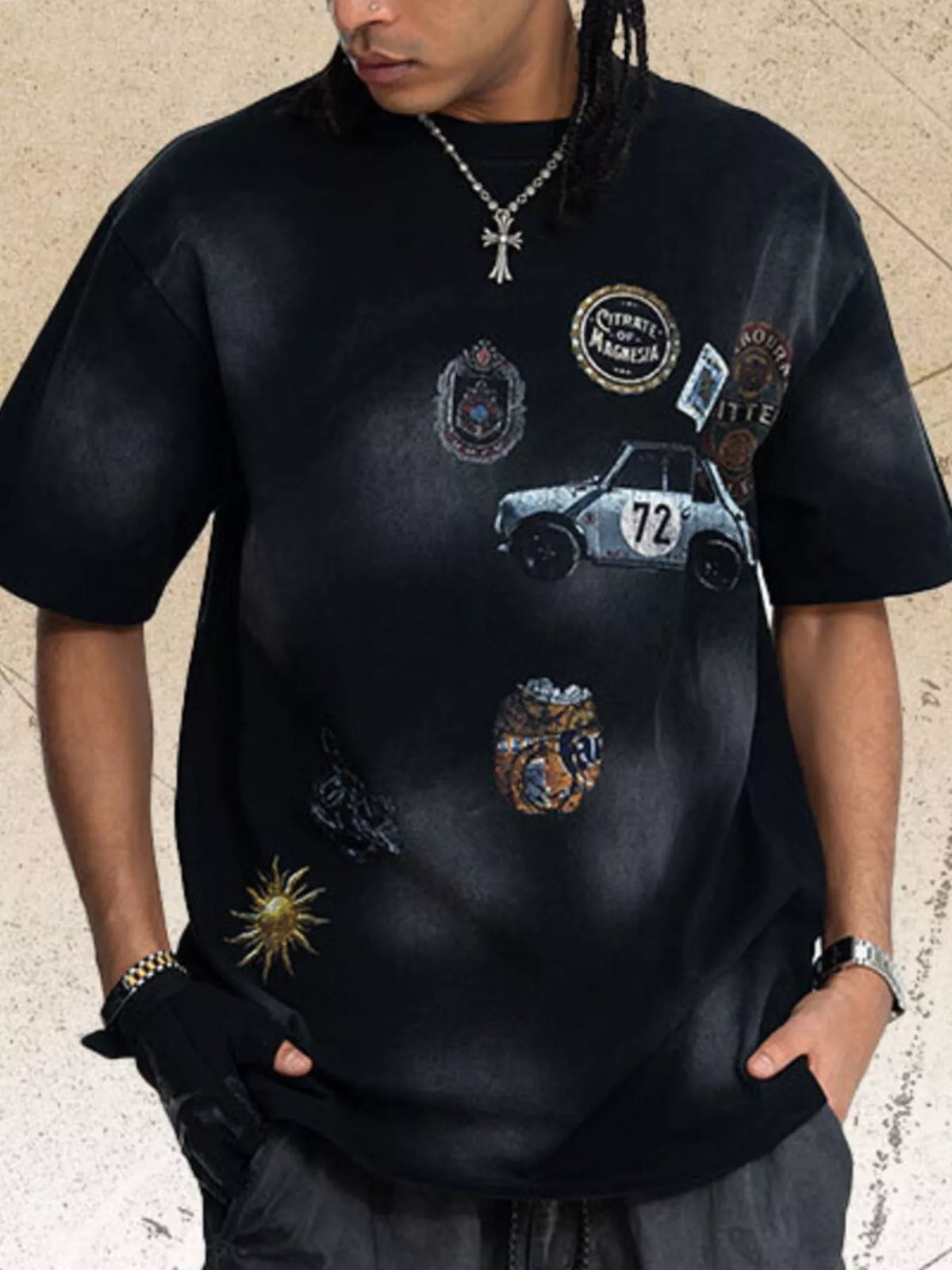 Men's vintage-style round-neck graphic T-shirt made from a slightly stretchy cotton-spandex blend.