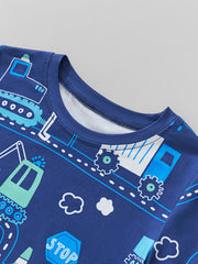 Close-up of the round neckline and stitching on the children's dark blue road print tee