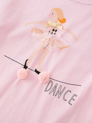 Close-up of the ballet dancer graphic with tulle skirt yellow bow and pink pom poms and DANCE lettering