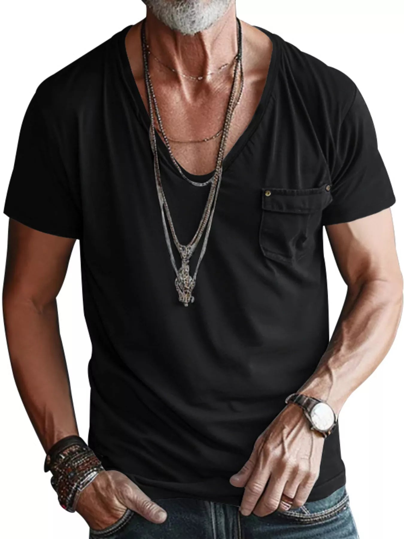 Men's V-neck T-shirt with a pocket and slightly stretchy cotton-blend fabric.