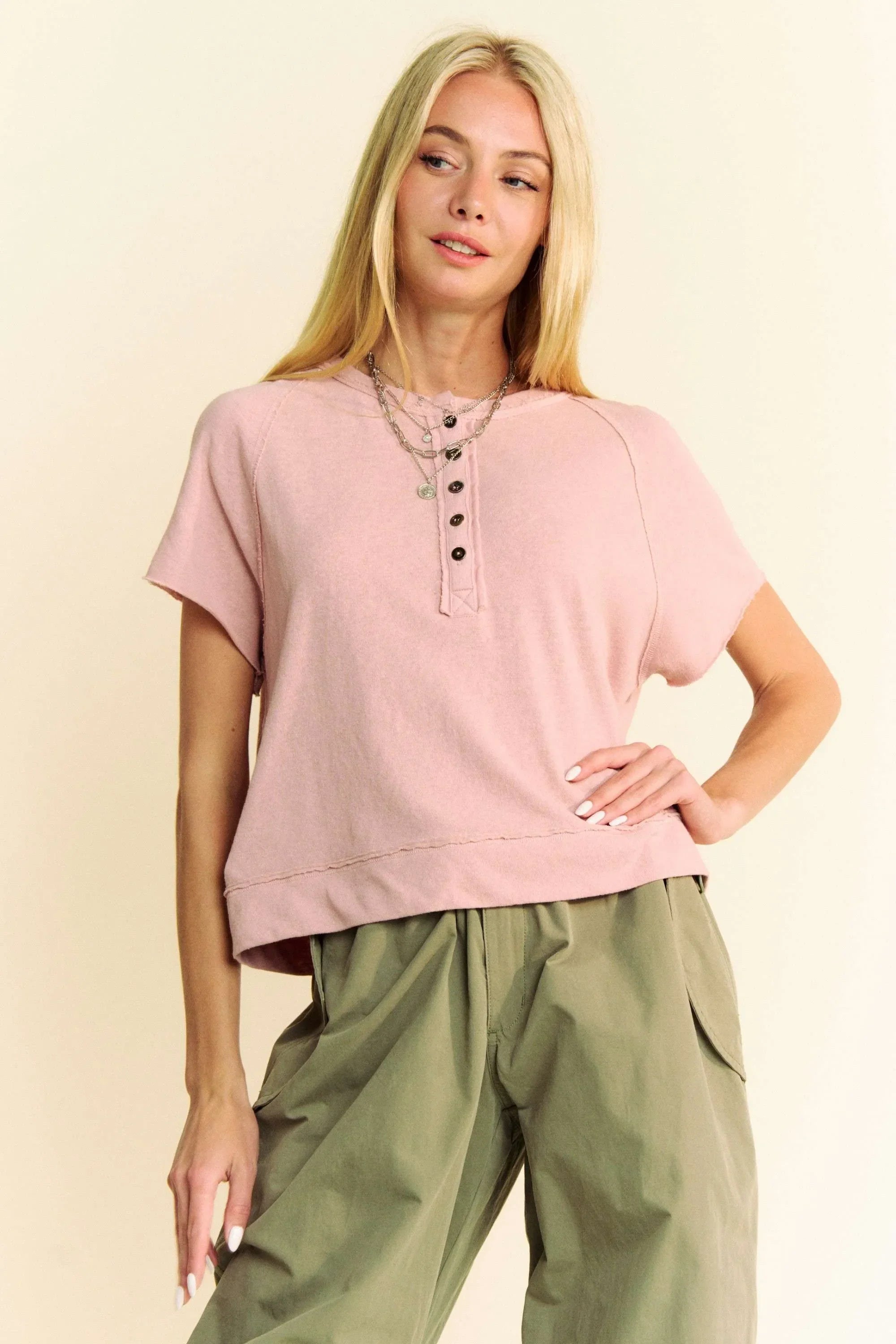 Davi & Dani Breezy Knit Fabric Short Sleeve T-shirt Top FRENCH ROSE / S
