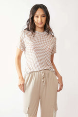Davi & Dani Checker Board Printed Mesh Short Sleeve Top IVORY TAUPE / S