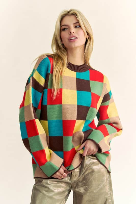 Davi & Dani Color Block Checkered Dropped Shoulder Sweater