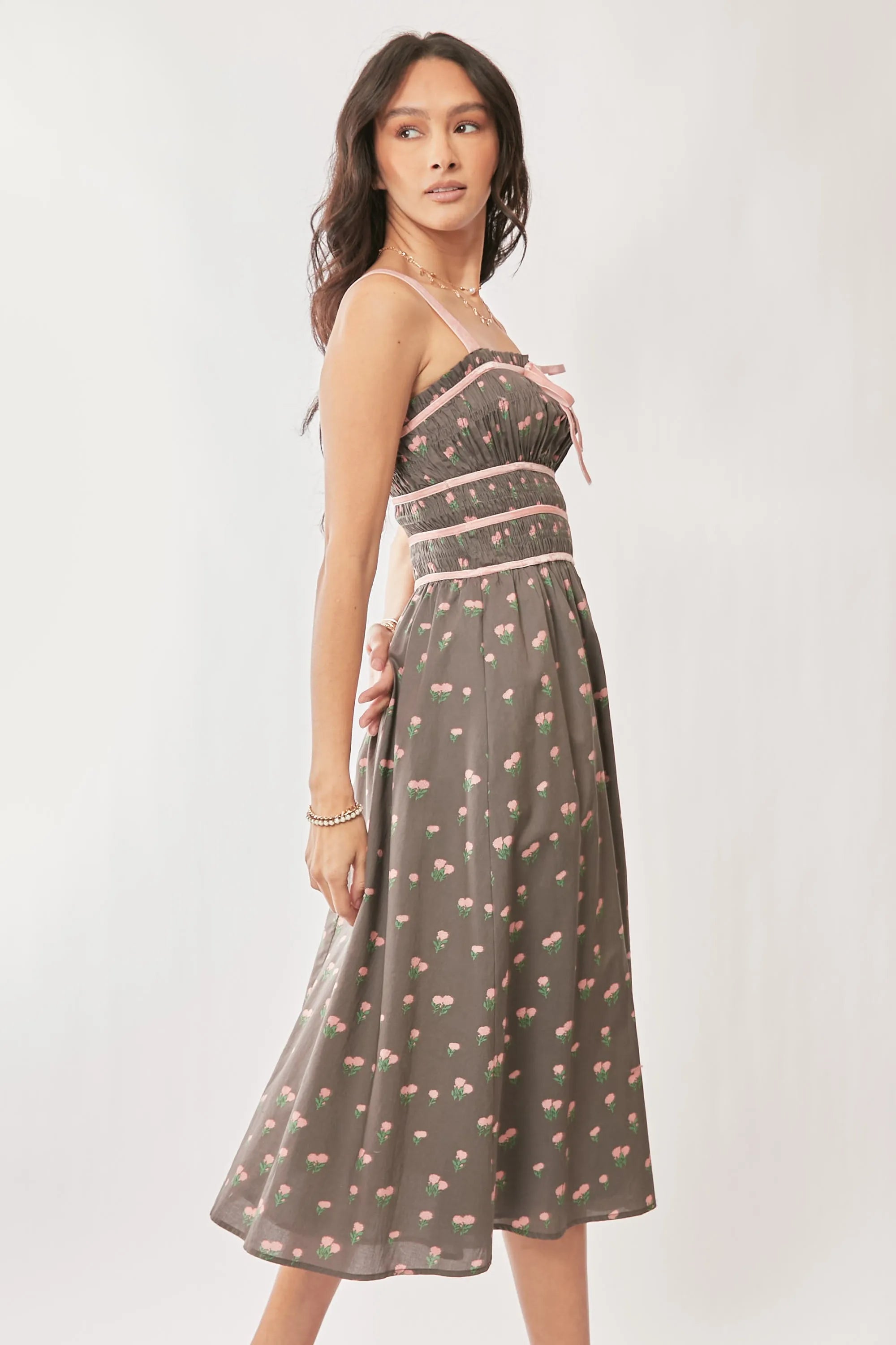 Davi & Dani Contrast Velvet Tape Smocking Bodice Midi Dress