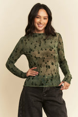Davi & Dani Floral Mesh Long Sleeve Sheer Layering Top