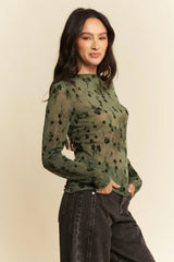 Davi & Dani Floral Mesh Long Sleeve Sheer Layering Top