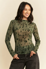 Davi & Dani Floral Mesh Long Sleeve Sheer Layering Top ARMY OLIVE / S