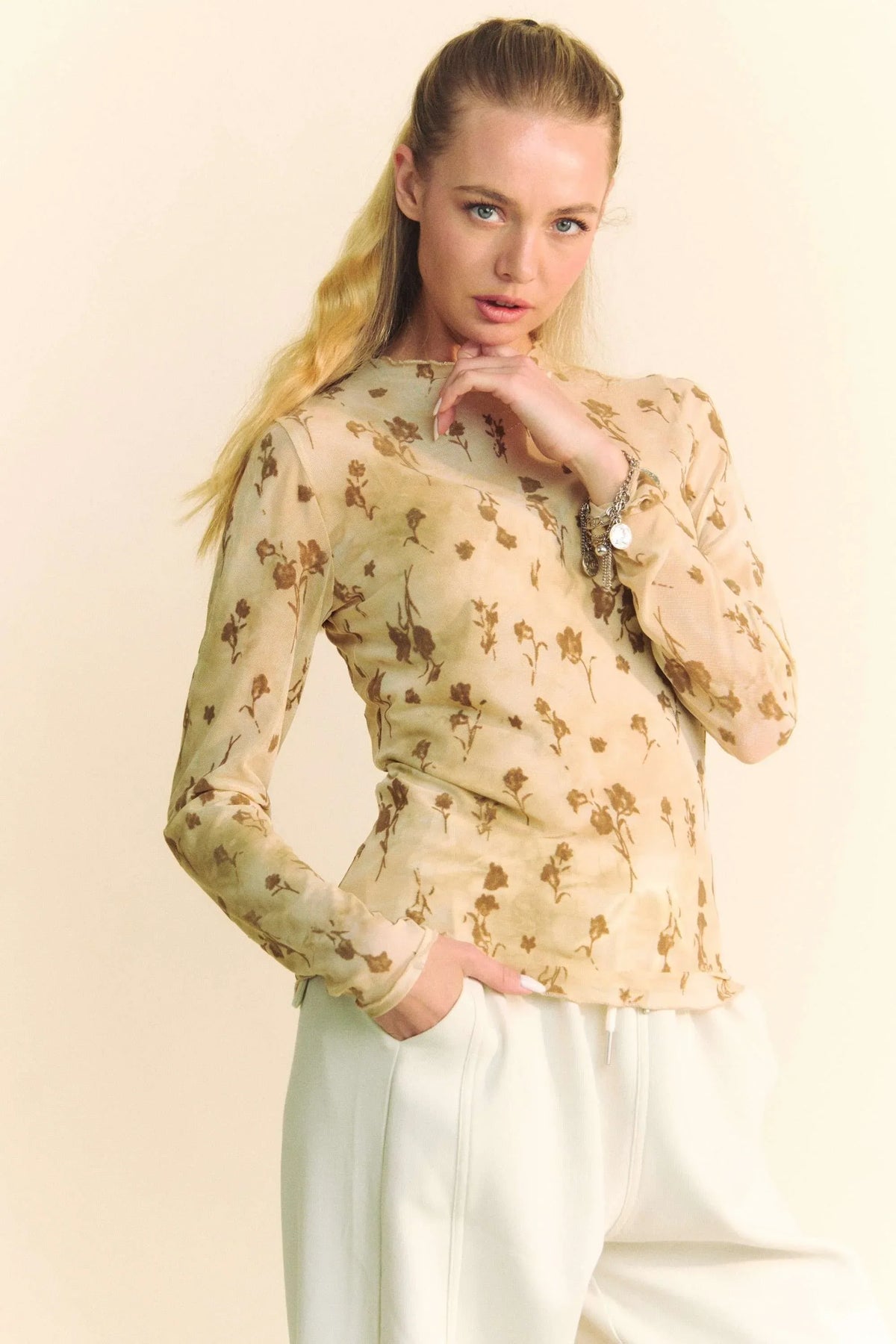Davi & Dani Floral Mesh Long Sleeve Sheer Layering Top CREAM LATTE / S