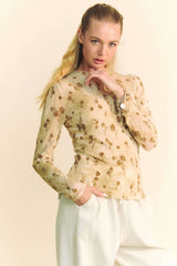 Davi & Dani Floral Mesh Long Sleeve Sheer Layering Top CREAM LATTE / S