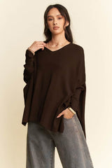 Davi & Dani High-Low Side Slit Batwing Sleeve Top Chocolate / S