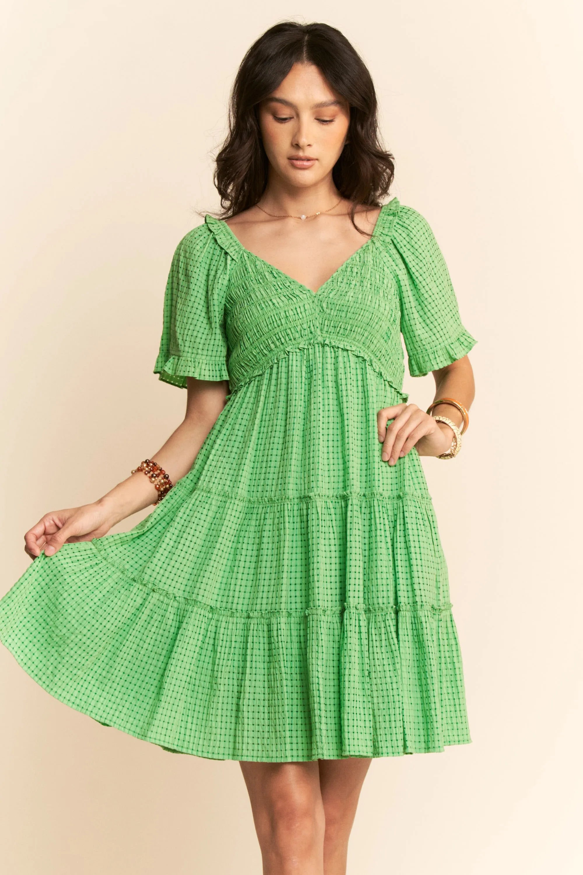 Davi & Dani Jacquard Checker Smocking Tiered Dress IBIZA GREEN / S